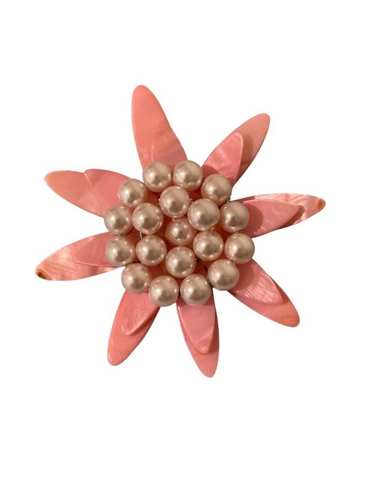 Jewelry - Vintage Pink Flower Brooch With Faux Pearls Retro 3"